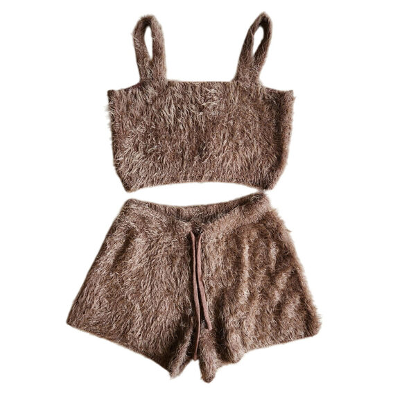 Bootaybag Aspen fuzzy brown set crop top shorts lounge sleep small EUC perfect - Picture 1 of 9